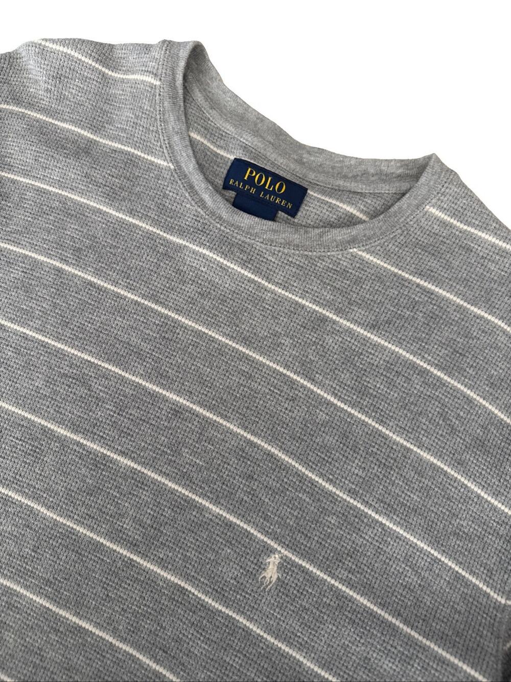 Polo Ralph Lauren Thermal Shirt Mens LARGE Gray Striped Waffle Knit LS Pony